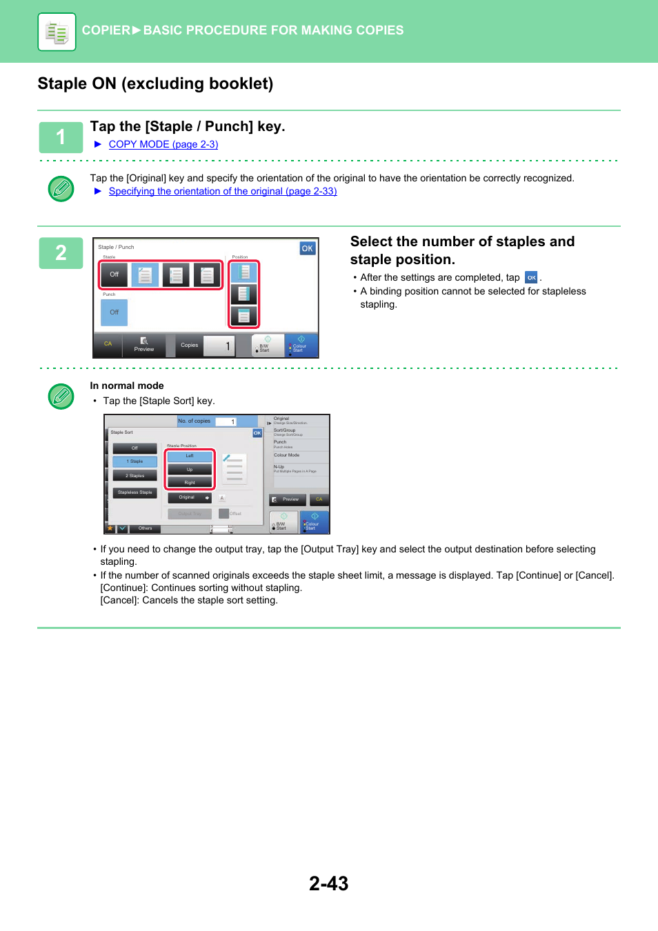 Staple on (excluding booklet), Tap the [staple / punch] key, Select the number of staples and staple position | Copier ► basic procedure for making copies | Sharp MX-6070N User Manual | Page 207 / 935