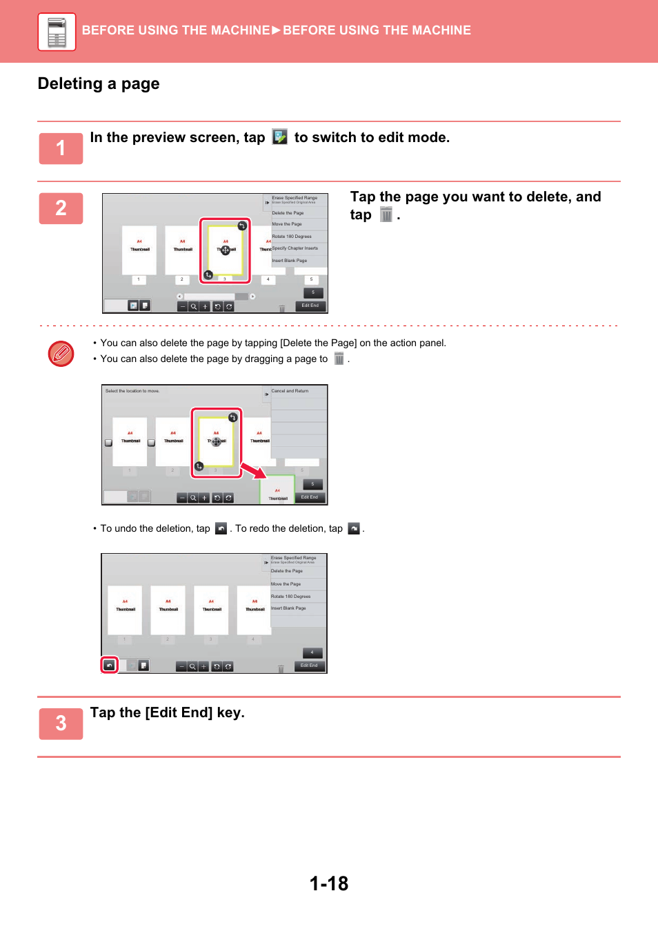 Deleting a page, Tap the page you want to delete, and tap, Tap the [edit end] key | Before using the machine ►before using the machine | Sharp MX-6070N User Manual | Page 21 / 935