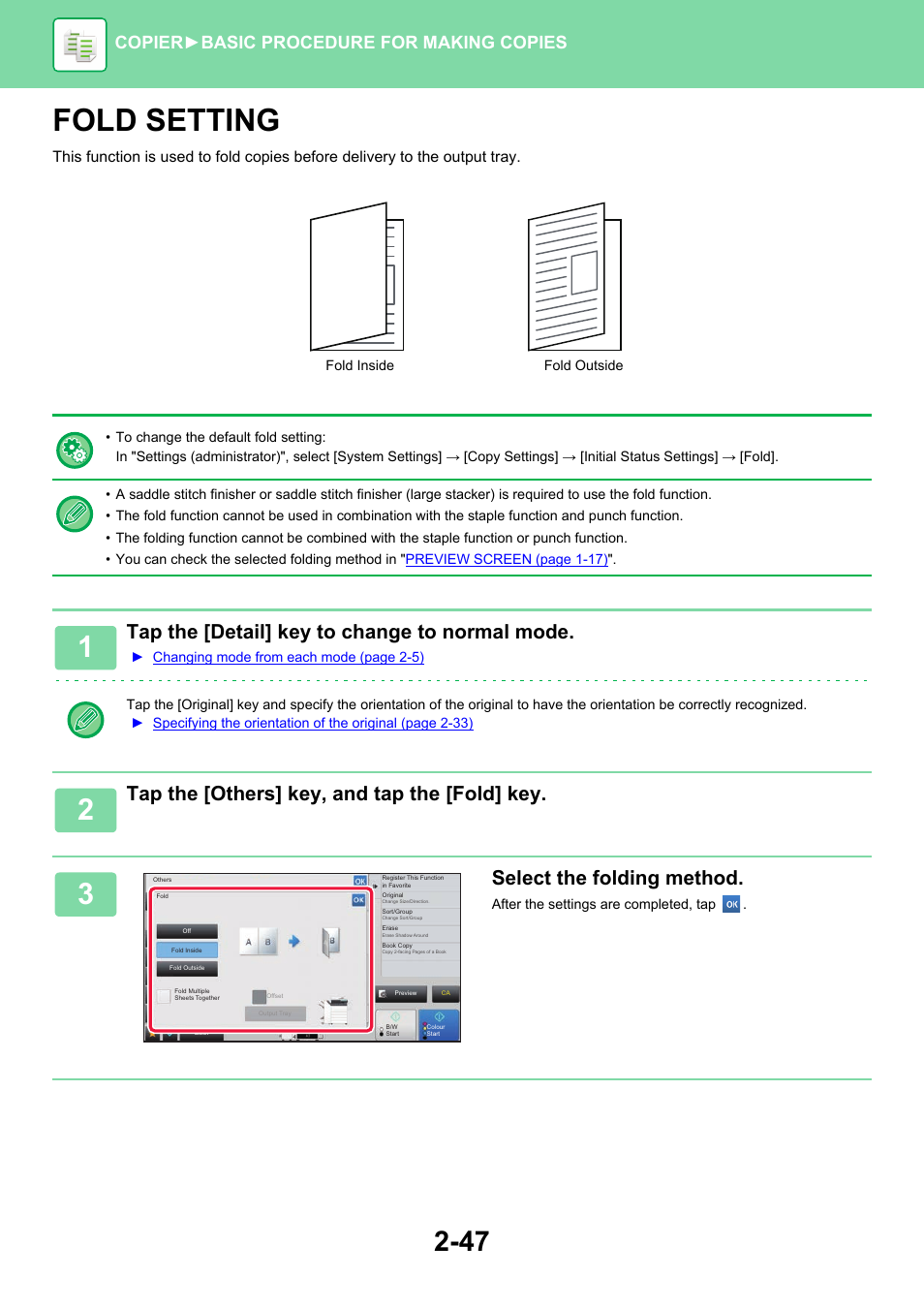 Fold setting -47, Fold setting, Tap the [detail] key to change to normal mode | Tap the [others] key, and tap the [fold] key, Select the folding method, Copier ► basic procedure for making copies | Sharp MX-6070N User Manual | Page 211 / 935