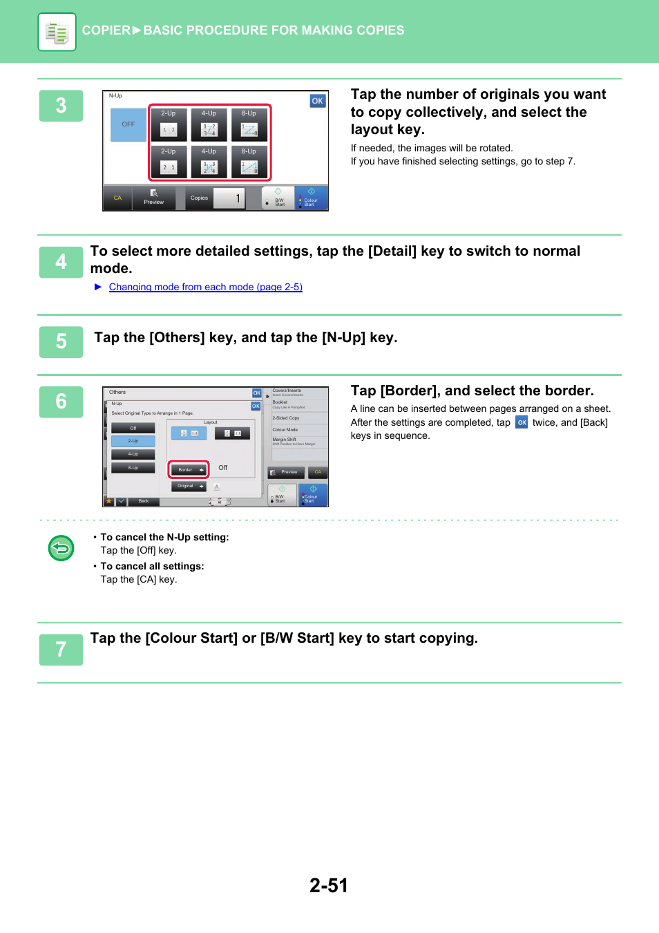 Tap the [others] key, and tap the [n-up] key, Tap [border], and select the border, Copier ► basic procedure for making copies | Sharp MX-6070N User Manual | Page 215 / 935