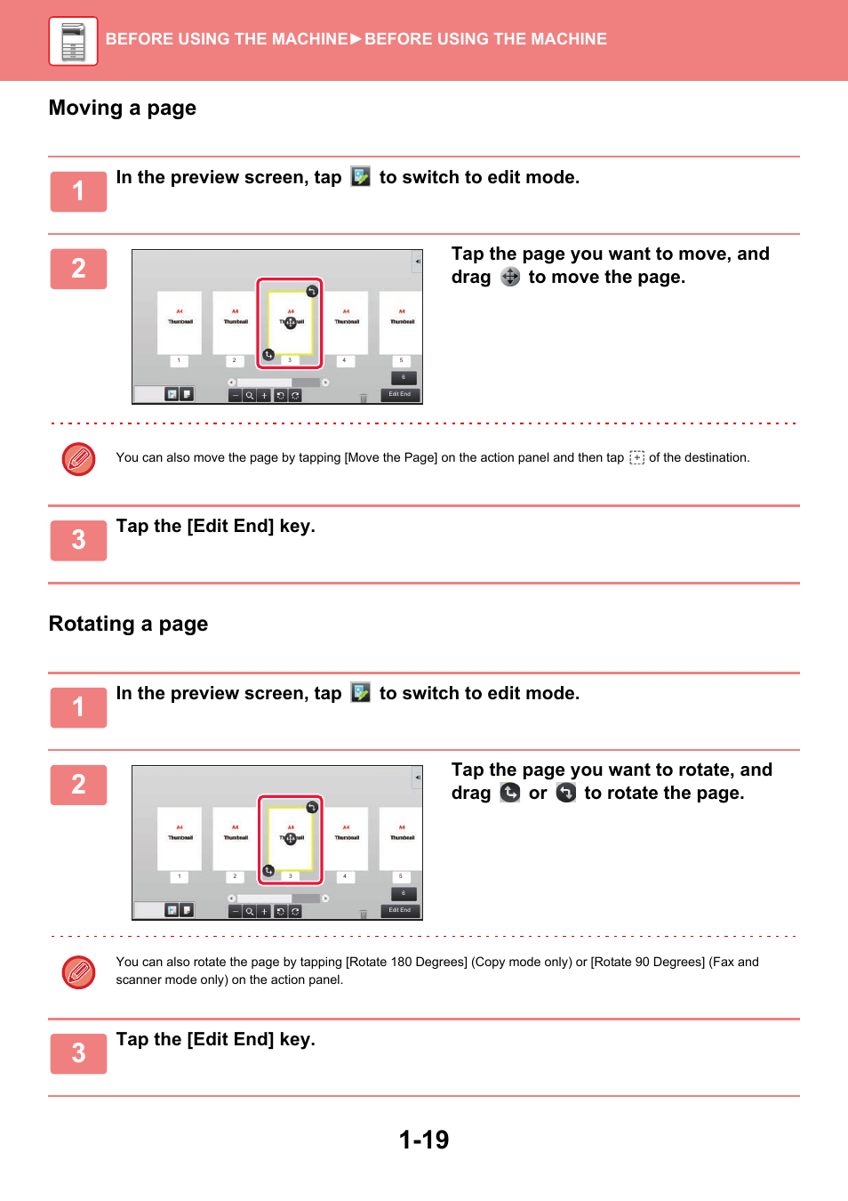 Moving a page rotating a page, Tap the [edit end] key | Sharp MX-6070N User Manual | Page 22 / 935