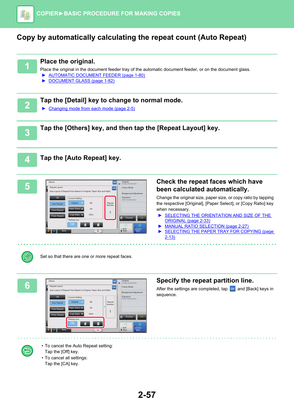 Place the original, Tap the [detail] key to change to normal mode, Tap the [auto repeat] key | Specify the repeat partition line, Copier ► basic procedure for making copies, Changing mode from each mode (page 2-5) | Sharp MX-6070N User Manual | Page 221 / 935