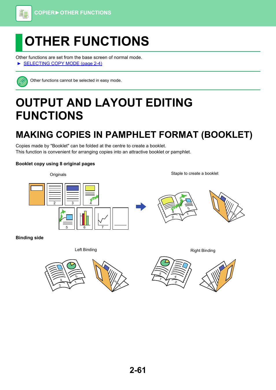 Other functions, Output and layout editing functions -61, Making copies in pamphlet format | Booklet) -61, Output and layout editing functions, Making copies in pamphlet format (booklet), Copier ► other functions | Sharp MX-6070N User Manual | Page 225 / 935