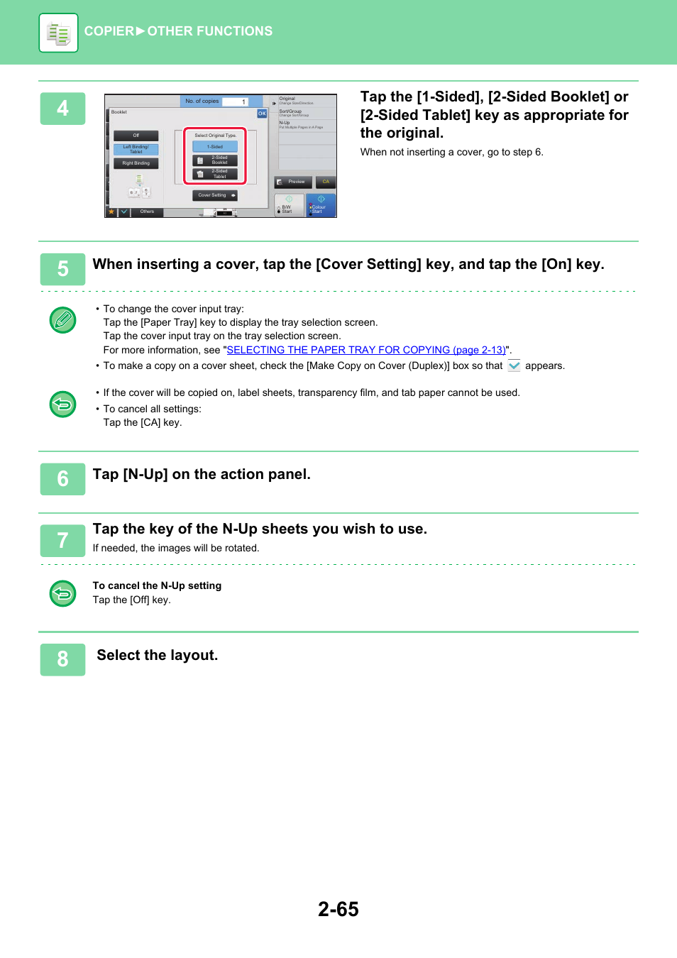 Tap [n-up] on the action panel, Tap the key of the n-up sheets you wish to use, Select the layout | Copier ► other functions | Sharp MX-6070N User Manual | Page 229 / 935