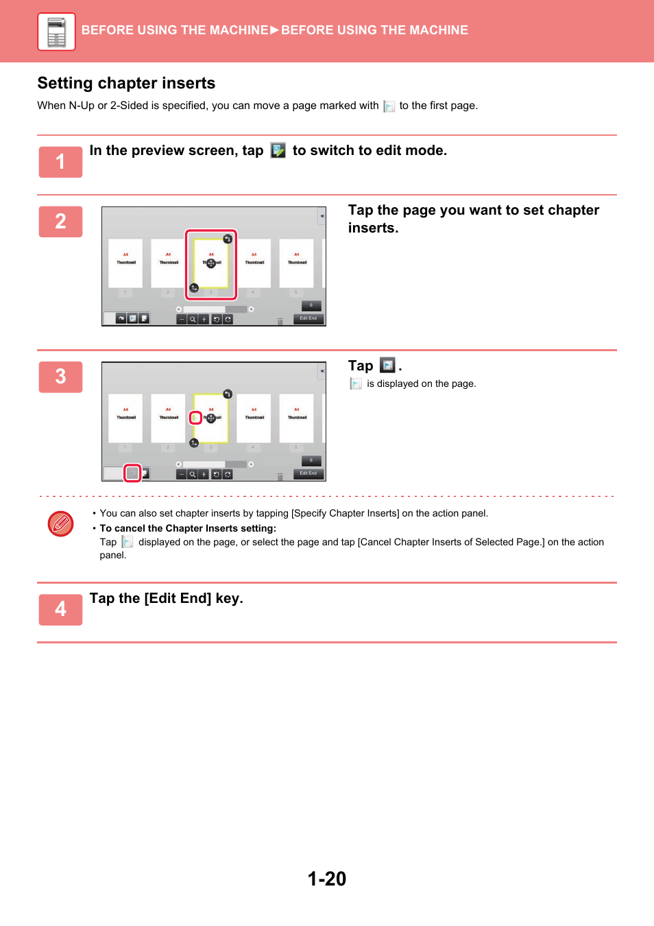 Setting chapter inserts, Tap the page you want to set chapter inserts, Tap the [edit end] key | Before using the machine ►before using the machine | Sharp MX-6070N User Manual | Page 23 / 935