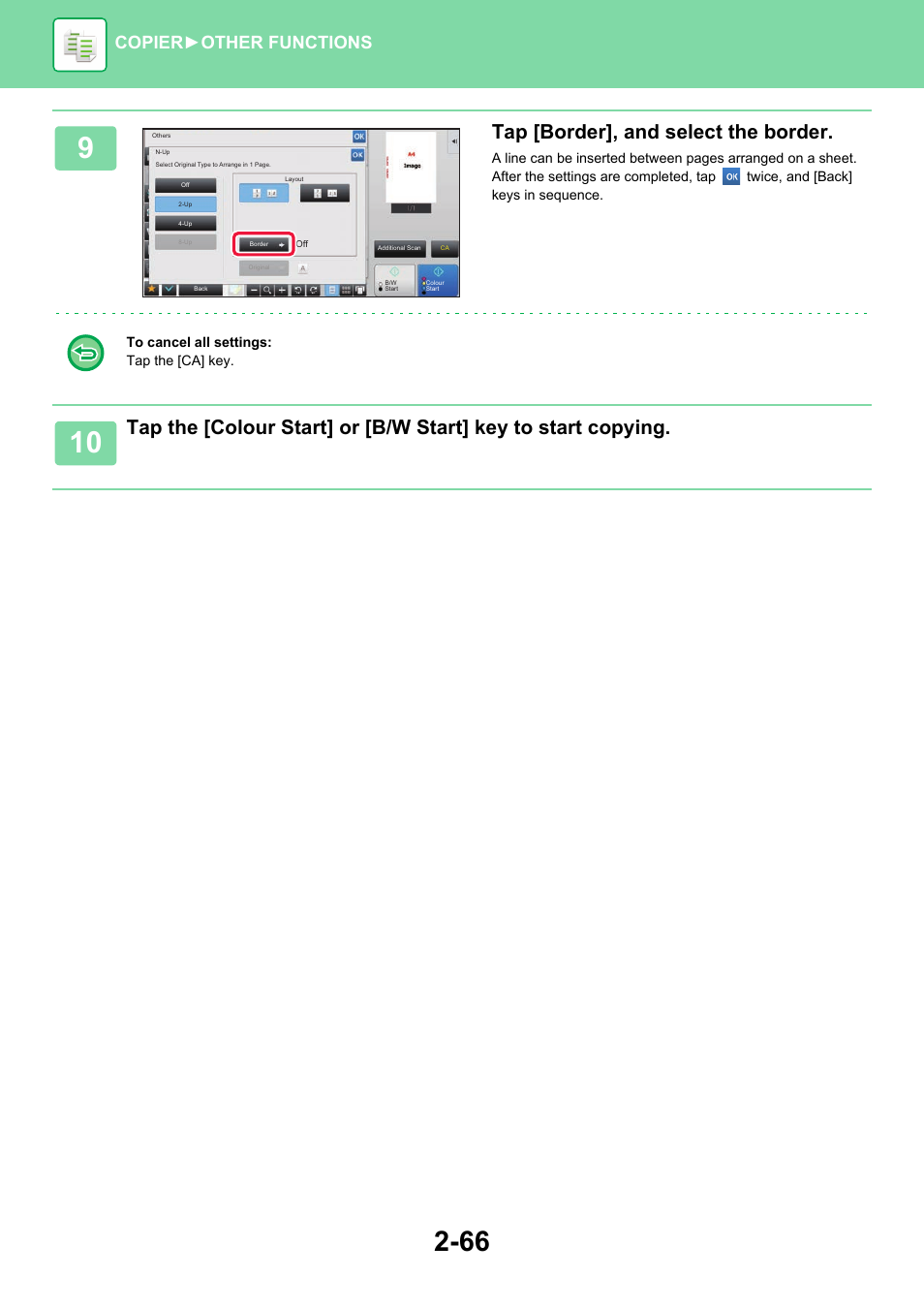 Tap [border], and select the border, Copier ► other functions | Sharp MX-6070N User Manual | Page 230 / 935