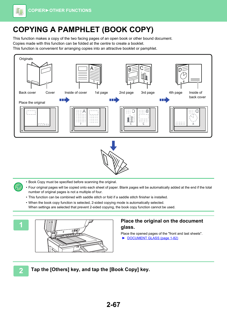 Copying a pamphlet (book copy) -67, Copying a pamphlet (book copy), Place the original on the document glass | Sharp MX-6070N User Manual | Page 231 / 935