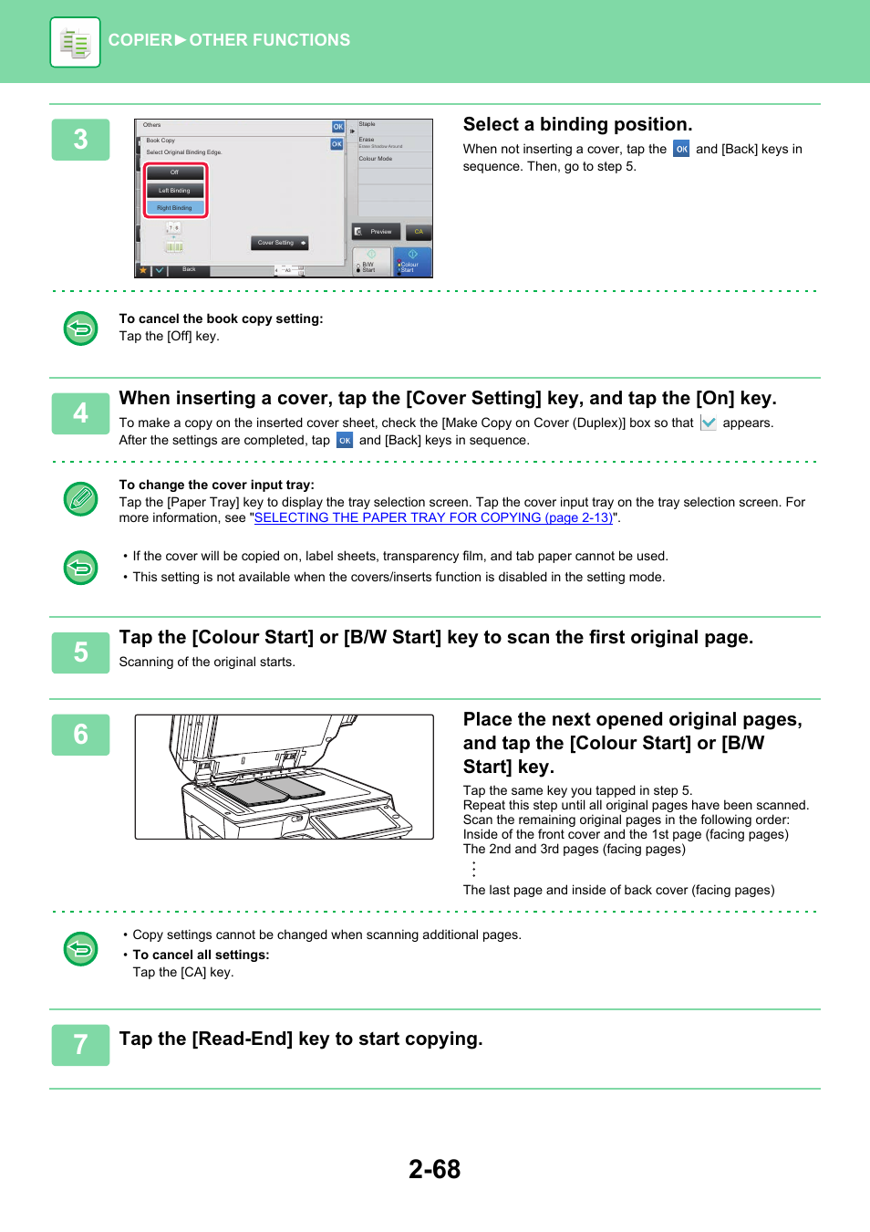 Select a binding position, Tap the [read-end] key to start copying, Copier ► other functions | Sharp MX-6070N User Manual | Page 232 / 935