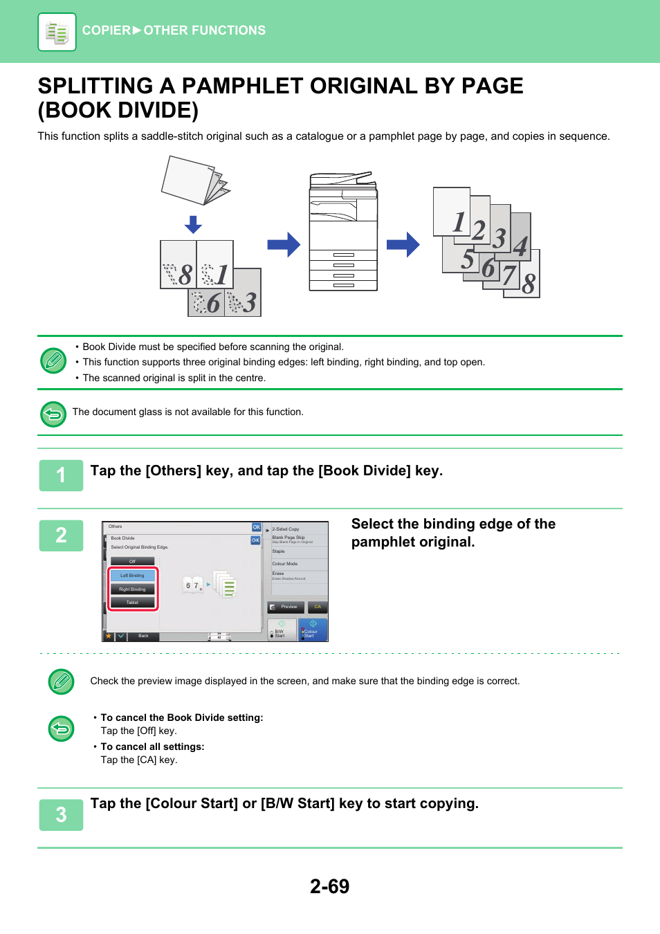 Splitting a pamphlet original by, Select the binding edge of the pamphlet original, Copier ► other functions | Sharp MX-6070N User Manual | Page 233 / 935