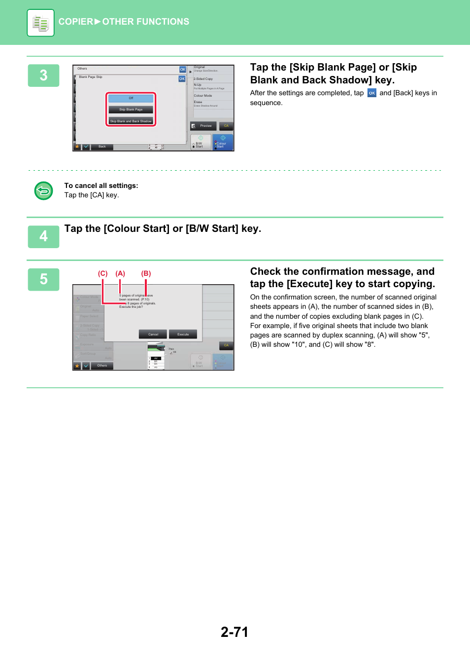 Tap the [colour start] or [b/w start] key, Copier ► other functions, A) (c) (b) | Sharp MX-6070N User Manual | Page 235 / 935