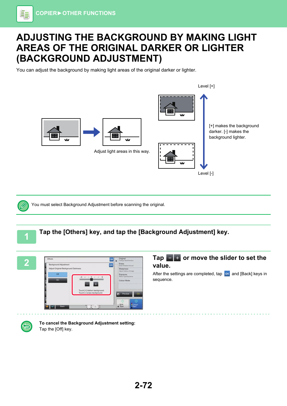 Adjusting the background by making, Tap or move the slider to set the value, Copier ► other functions | Sharp MX-6070N User Manual | Page 236 / 935