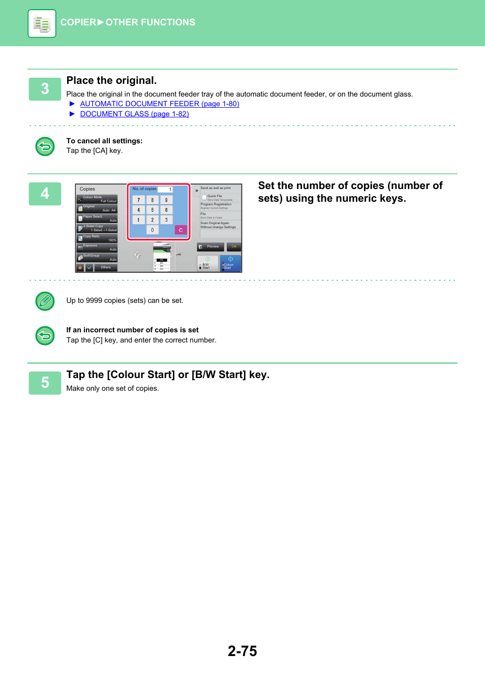 Place the original, Tap the [colour start] or [b/w start] key, Copier ► other functions | Make only one set of copies | Sharp MX-6070N User Manual | Page 239 / 935