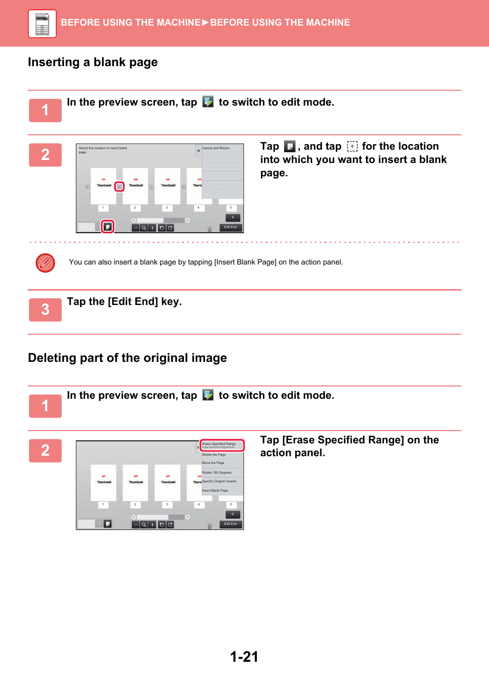 Tap the [edit end] key, Tap [erase specified range] on the action panel, Before using the machine ►before using the machine | Sharp MX-6070N User Manual | Page 24 / 935