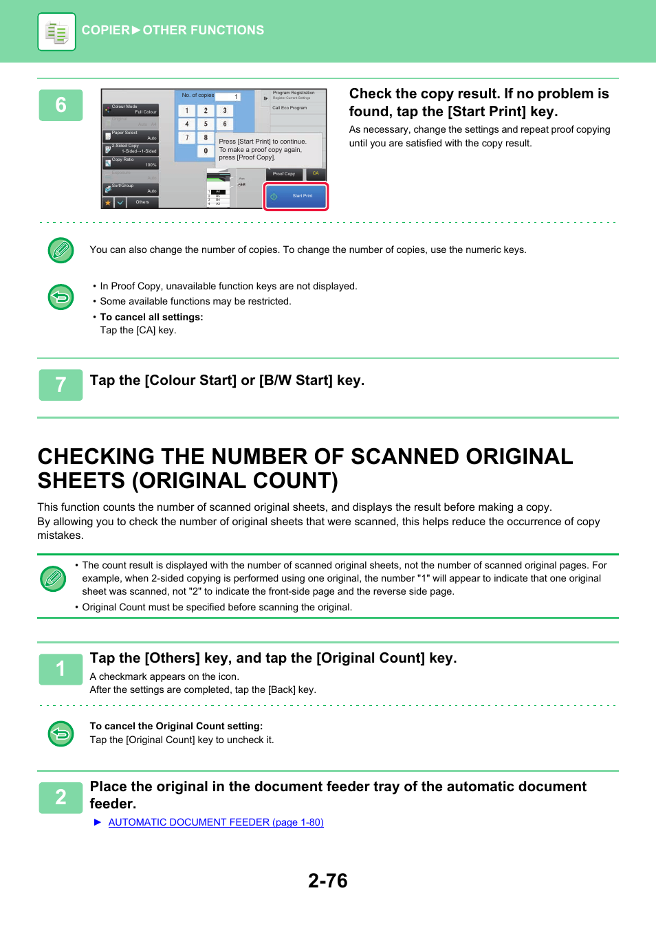 Checking the number of scanned, Original sheets (original count) -76, Tap the [colour start] or [b/w start] key | Copier ► other functions | Sharp MX-6070N User Manual | Page 240 / 935