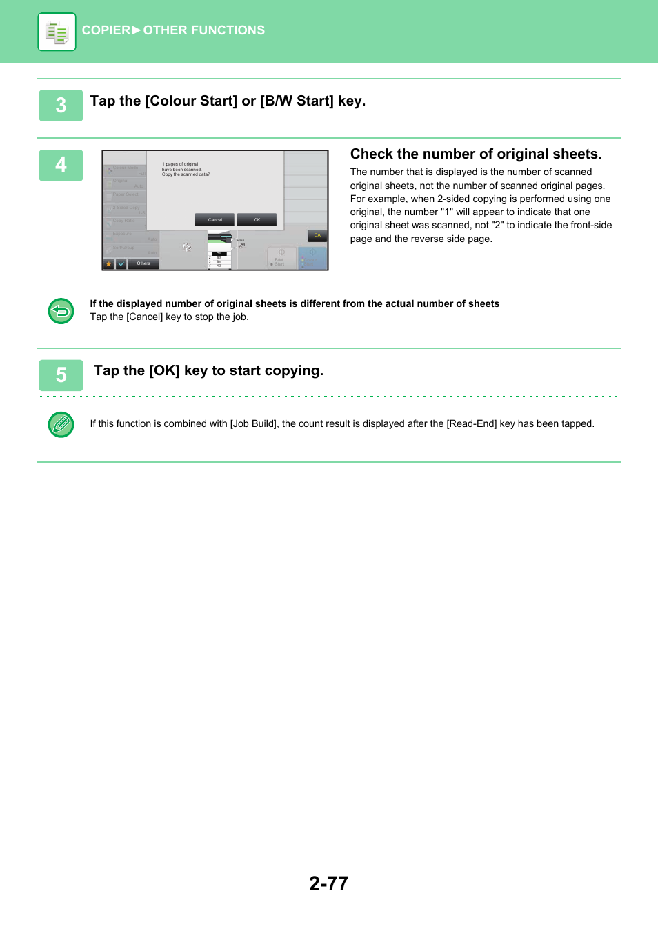 Tap the [colour start] or [b/w start] key, Check the number of original sheets, Tap the [ok] key to start copying | Copier ► other functions | Sharp MX-6070N User Manual | Page 241 / 935