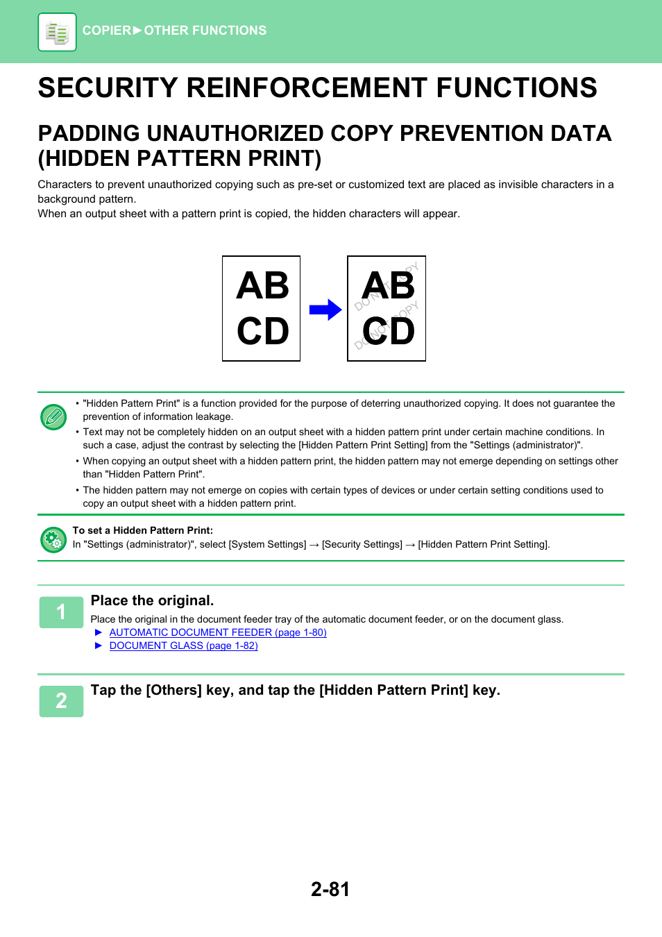 Security reinforcement functions -81, Padding unauthorized copy, Prevention data (hidden pattern print) -81 | Ab cd, Security reinforcement functions | Sharp MX-6070N User Manual | Page 245 / 935