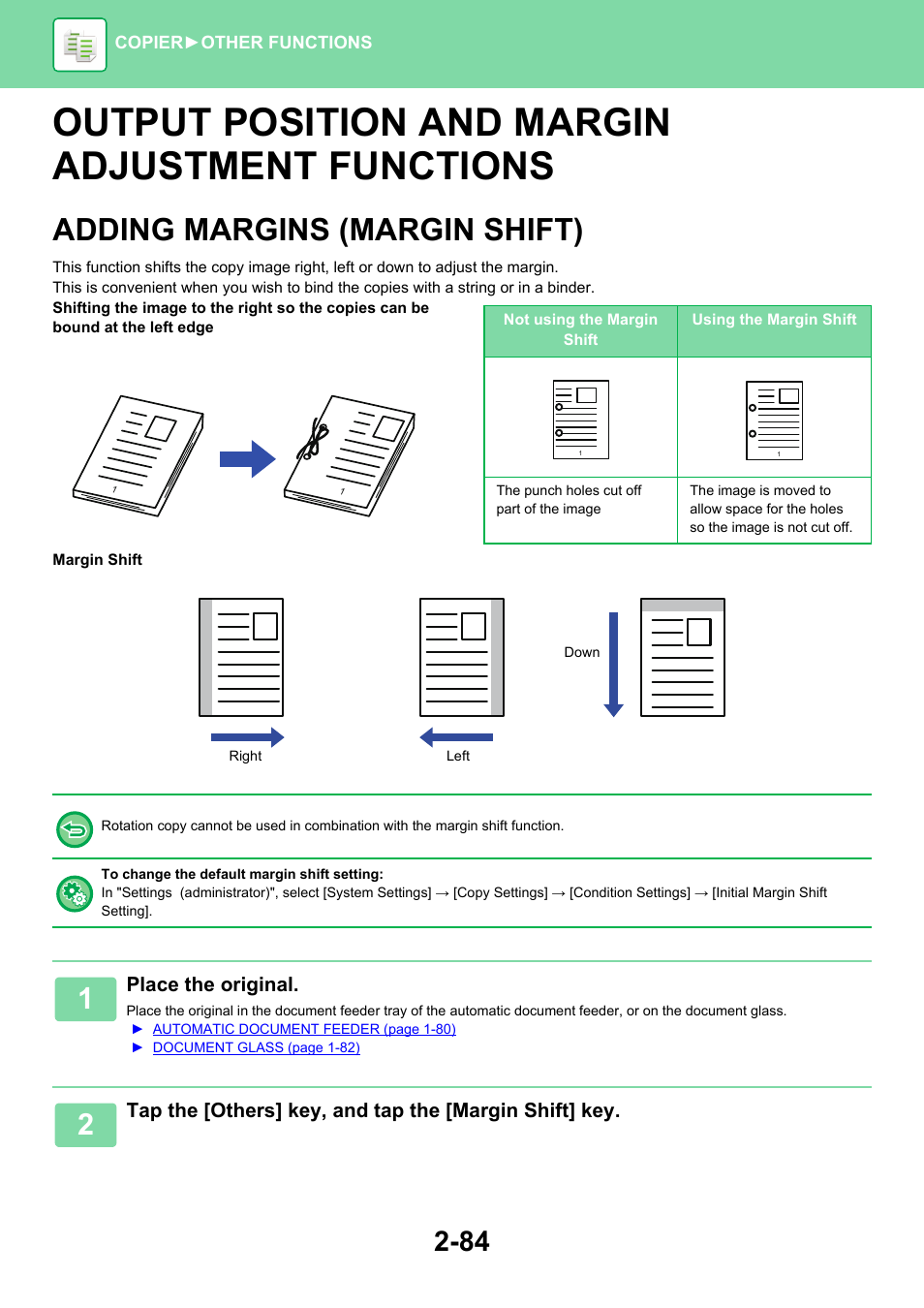 Adding margins (margin shift) -84, Output position and margin adjustment functions, Adding margins (margin shift) | Sharp MX-6070N User Manual | Page 248 / 935