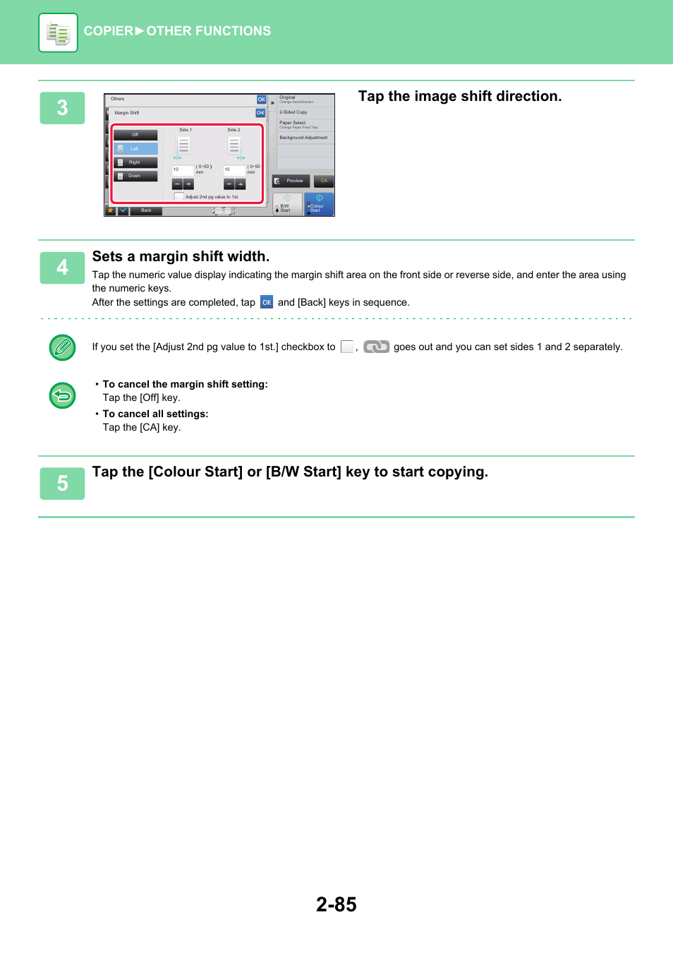 Tap the image shift direction, Sets a margin shift width, Copier ► other functions | Sharp MX-6070N User Manual | Page 249 / 935