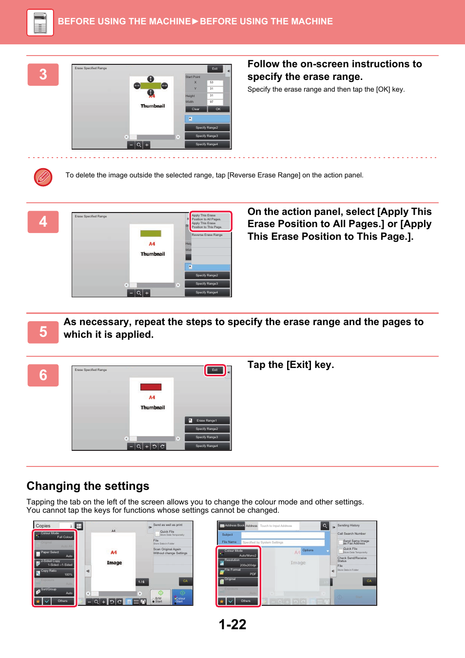 Changing the settings, Tap the [exit] key, Before using the machine ►before using the machine | Sharp MX-6070N User Manual | Page 25 / 935