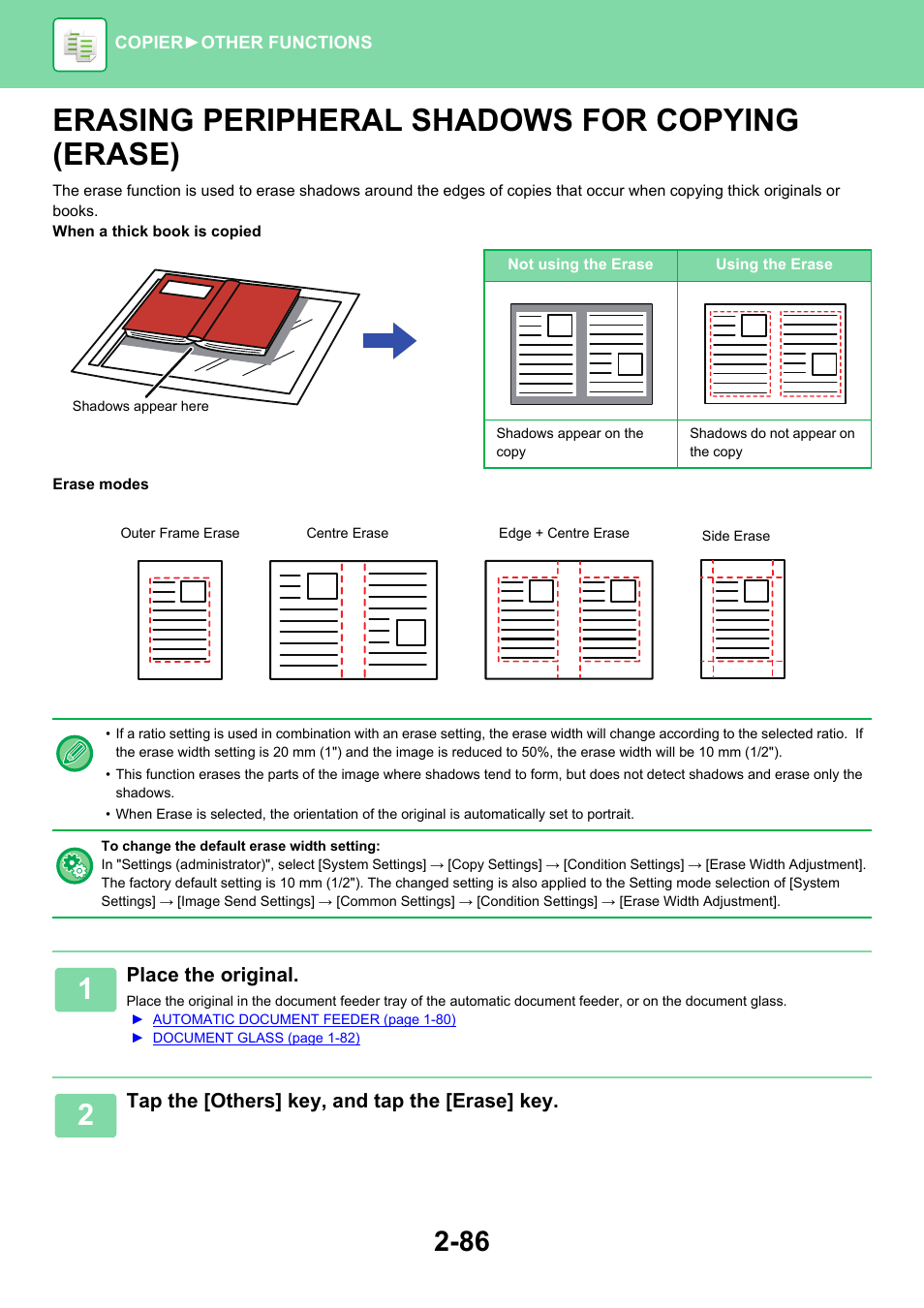 Erasing peripheral shadows for, Copying (erase) -86, Erasing peripheral shadows for copying (erase) | Sharp MX-6070N User Manual | Page 250 / 935