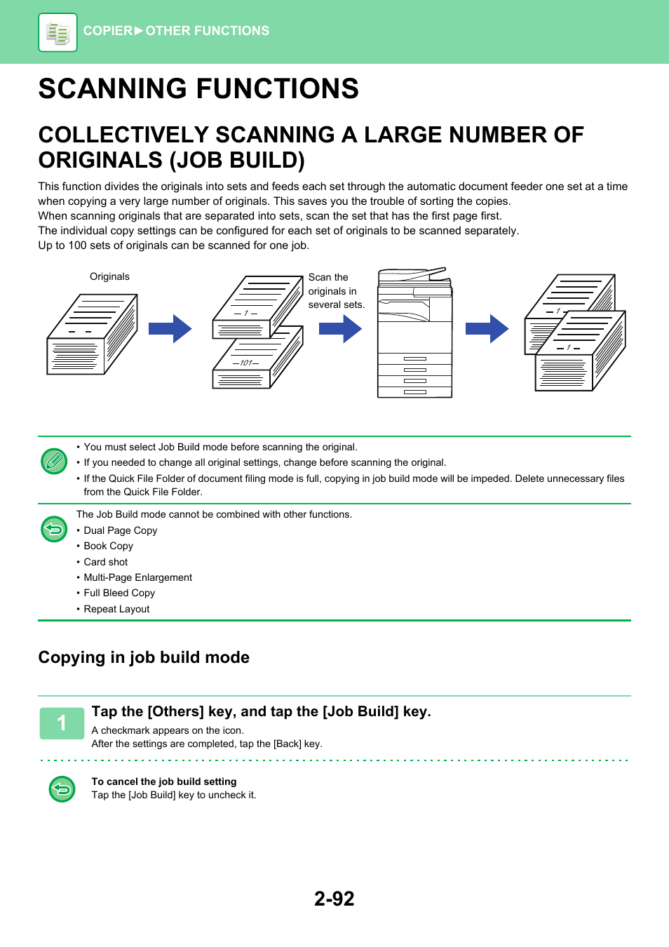 Scanning functions -92, Collectively scanning a large, Number of originals (job build) -92 | Scanning functions, Copying in job build mode | Sharp MX-6070N User Manual | Page 256 / 935