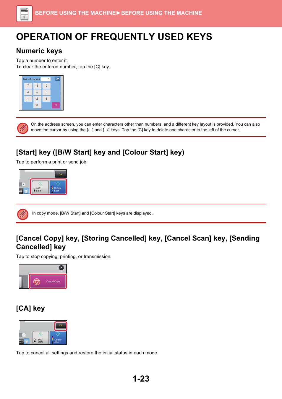 Operation of frequently used keys -23, Operation of frequently used keys, Numeric keys | Ca] key, Before using the machine ►before using the machine | Sharp MX-6070N User Manual | Page 26 / 935