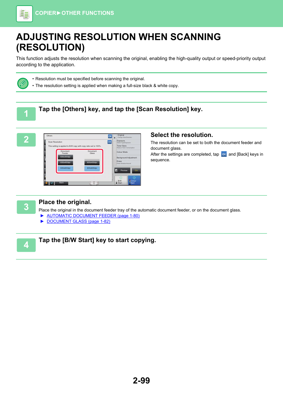 Adjusting resolution when, Scanning (resolution) -99, Adjusting resolution when scanning (resolution) | Select the resolution, Place the original, Tap the [b/w start] key to start copying, Copier ► other functions | Sharp MX-6070N User Manual | Page 263 / 935