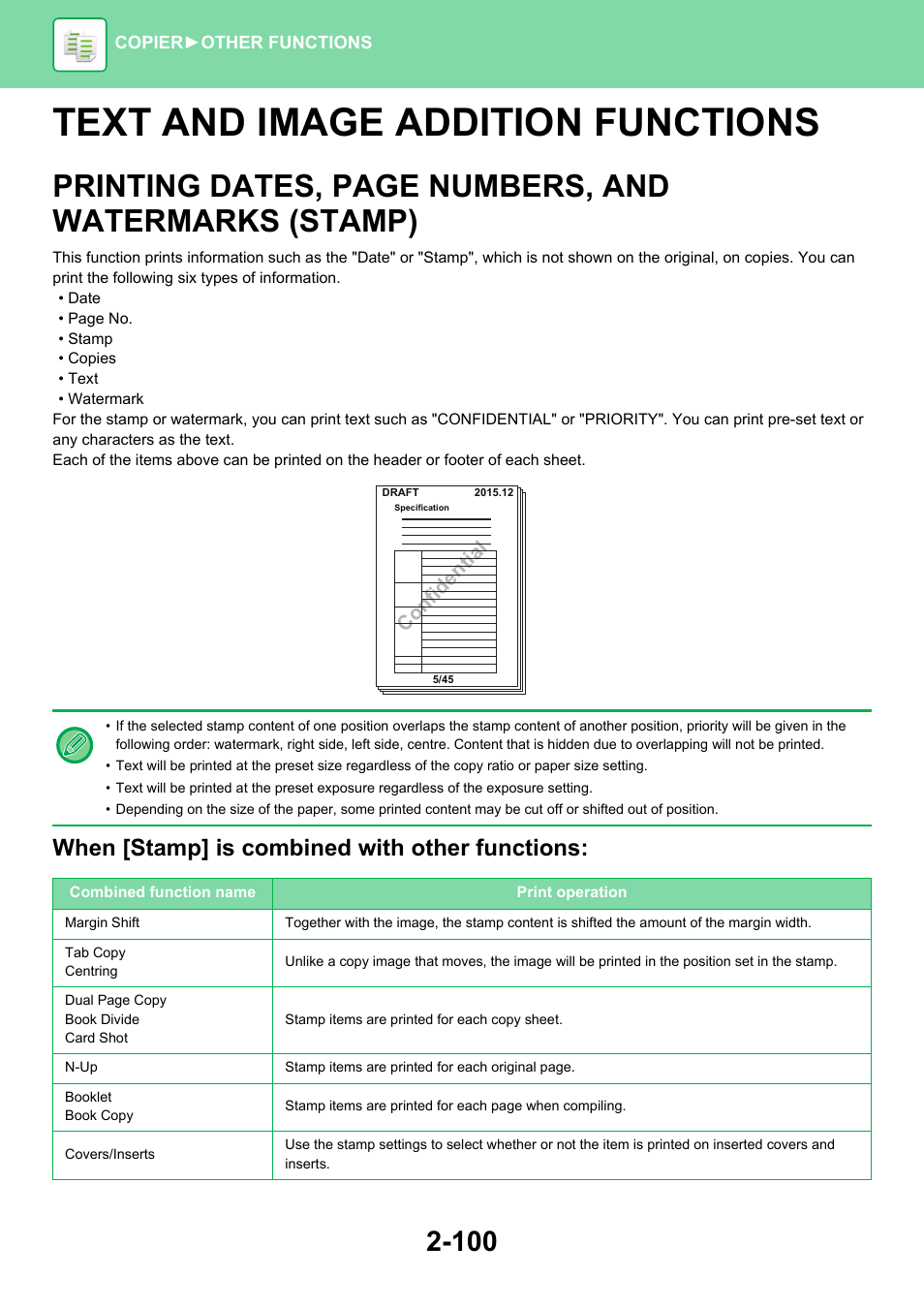 Text and image addition functions -100, Watermarks (stamp) -100, Text and image addition functions | When [stamp] is combined with other functions | Sharp MX-6070N User Manual | Page 264 / 935