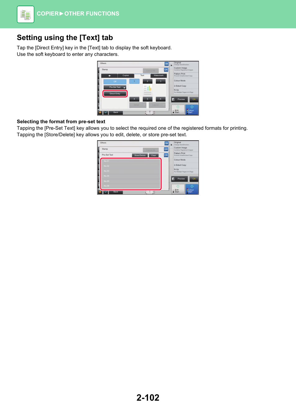 Setting using the [text] tab, Copier ► other functions | Sharp MX-6070N User Manual | Page 266 / 935