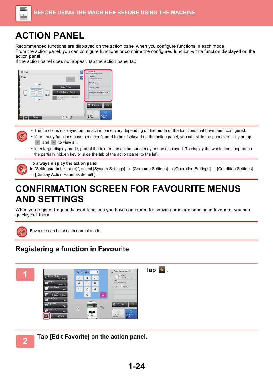 Action panel -24, Confirmation screen for favourite, Menus and settings -24 | Action panel, Registering a function in favourite, Tap [edit favorite] on the action panel, Before using the machine ►before using the machine | Sharp MX-6070N User Manual | Page 27 / 935