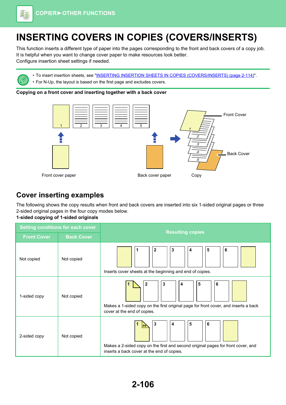 Inserting covers in copies, Covers/inserts) -106, Inserting covers in copies (covers/inserts) | Cover inserting examples, Copier ► other functions | Sharp MX-6070N User Manual | Page 270 / 935