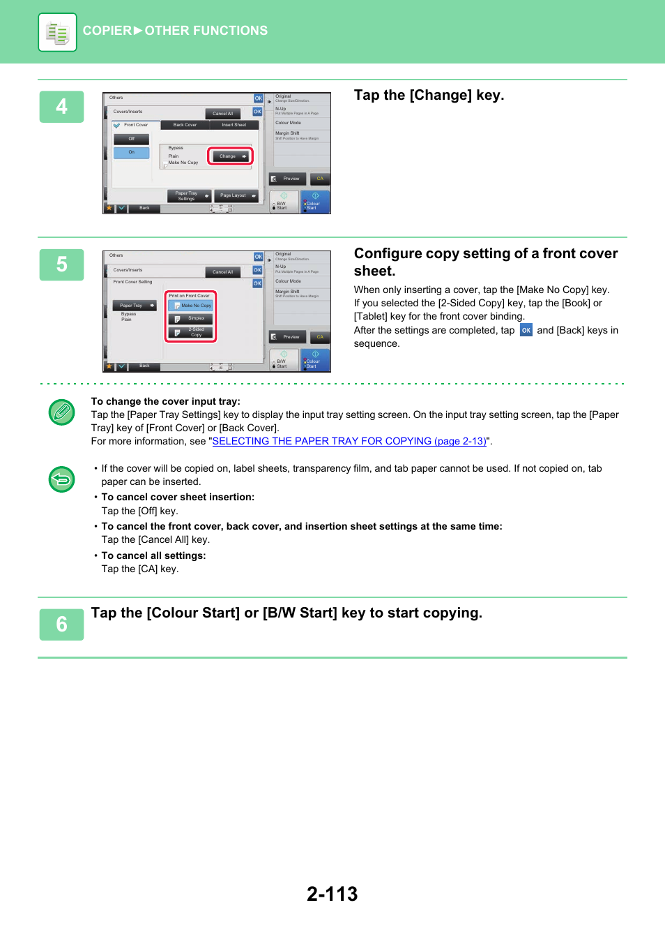 Tap the [change] key, Configure copy setting of a front cover sheet, Copier ► other functions | Sharp MX-6070N User Manual | Page 277 / 935