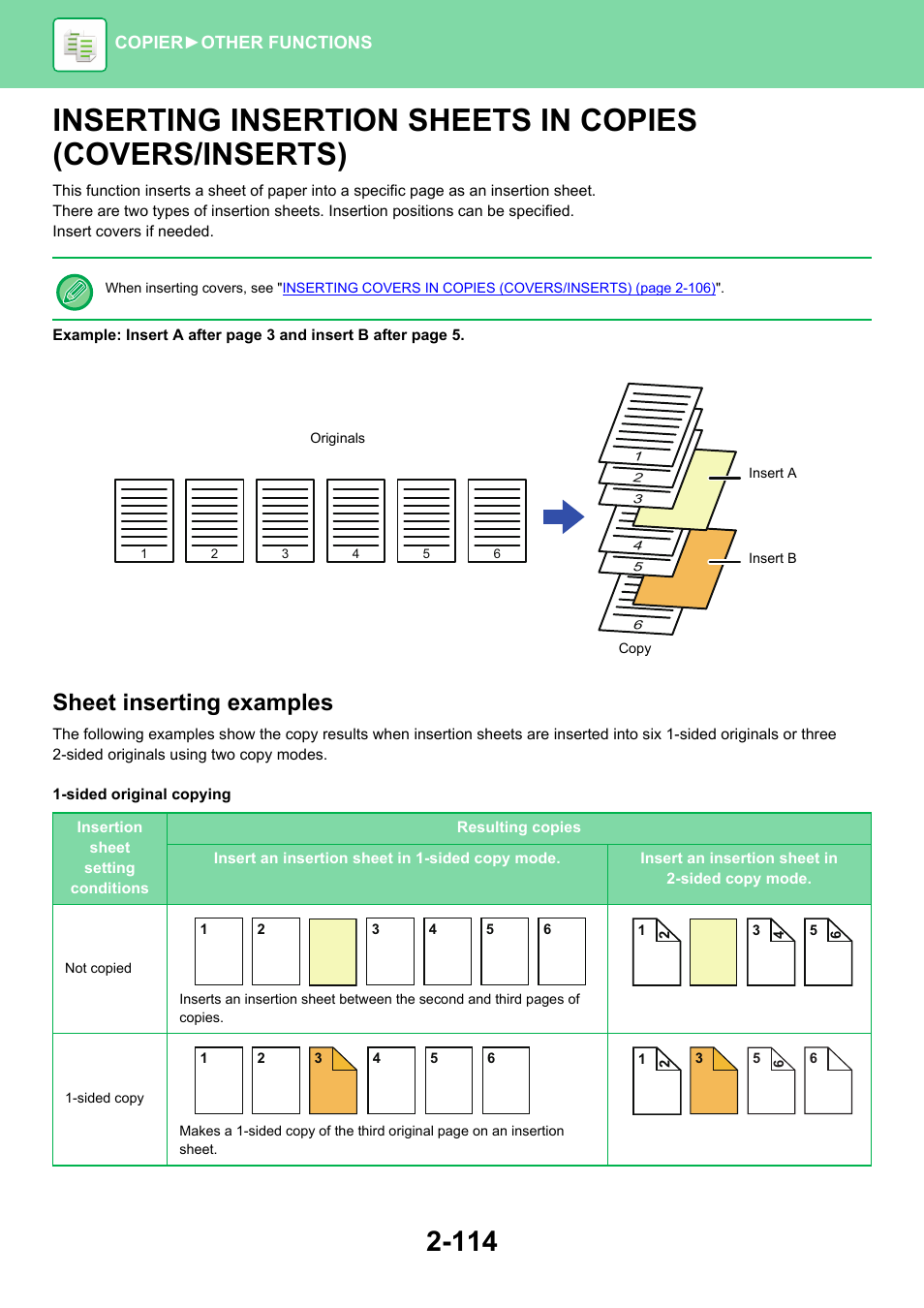 Inserting insertion sheets in copies, Covers/inserts) -114, Sheet inserting examples | Sharp MX-6070N User Manual | Page 278 / 935