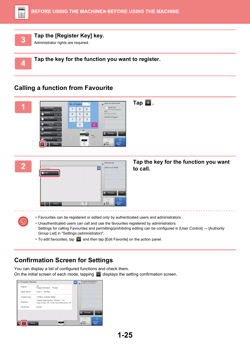 Tap the [register key] key, Tap the key for the function you want to register, Tap the key for the function you want to call | Before using the machine ►before using the machine, Administrator rights are required | Sharp MX-6070N User Manual | Page 28 / 935