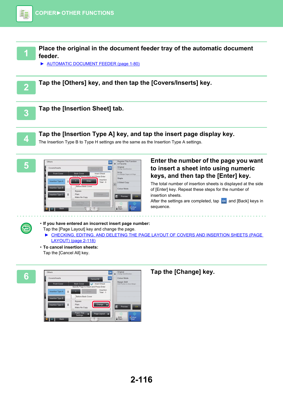 Tap the [insertion sheet] tab, Tap the [change] key, Copier ► other functions | Automatic document feeder (page 1-80) | Sharp MX-6070N User Manual | Page 280 / 935