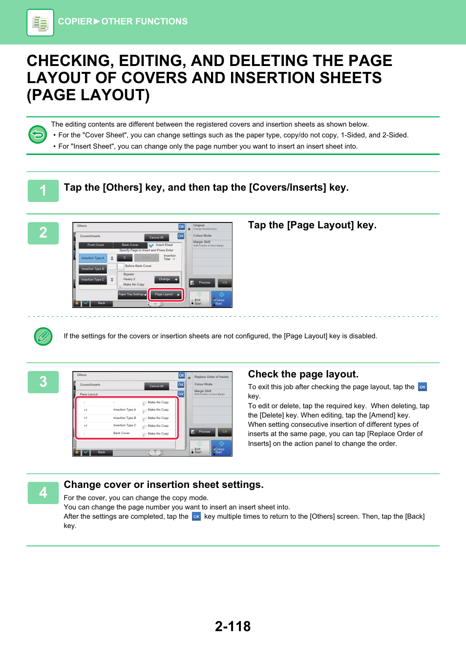 Checking, editing, and deleting the, Tap the [page layout] key, Check the page layout | Change cover or insertion sheet settings, Copier ► other functions | Sharp MX-6070N User Manual | Page 282 / 935