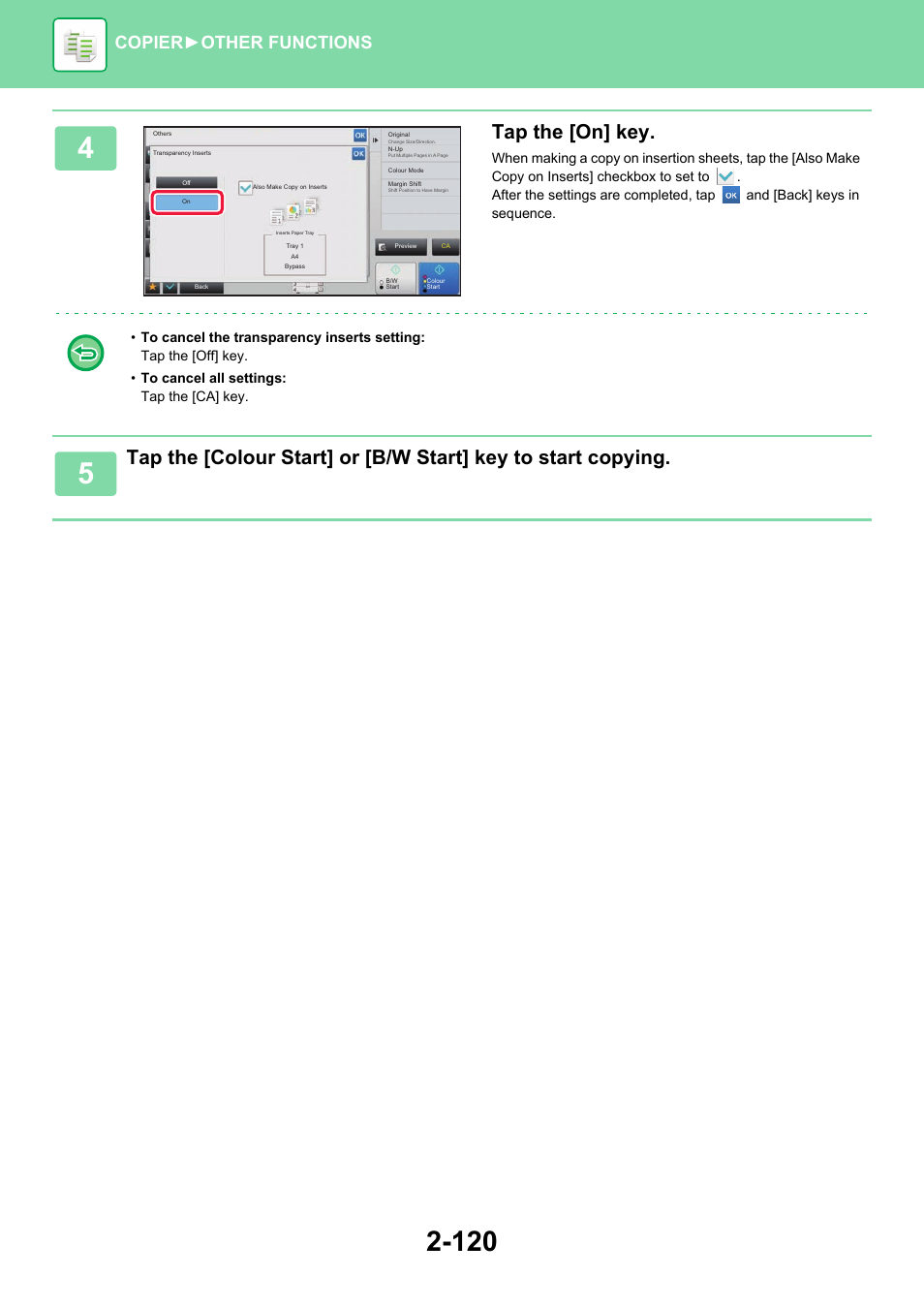 Tap the [on] key, Copier ► other functions | Sharp MX-6070N User Manual | Page 284 / 935