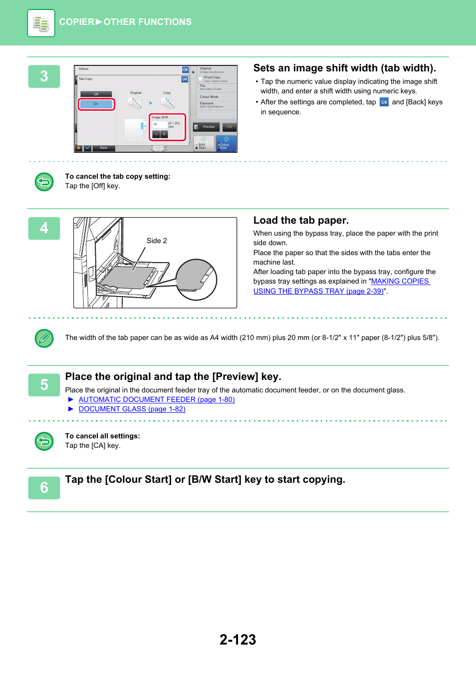 Sets an image shift width (tab width), Load the tab paper, Place the original and tap the [preview] key | Copier ► other functions | Sharp MX-6070N User Manual | Page 287 / 935