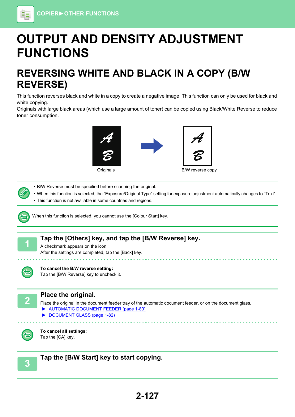 Output and density adjustment functions -127, Reversing white and black in a copy, B/w reverse) -127 | Output and density adjustment functions, Reversing white and black in a copy (b/w reverse) | Sharp MX-6070N User Manual | Page 291 / 935