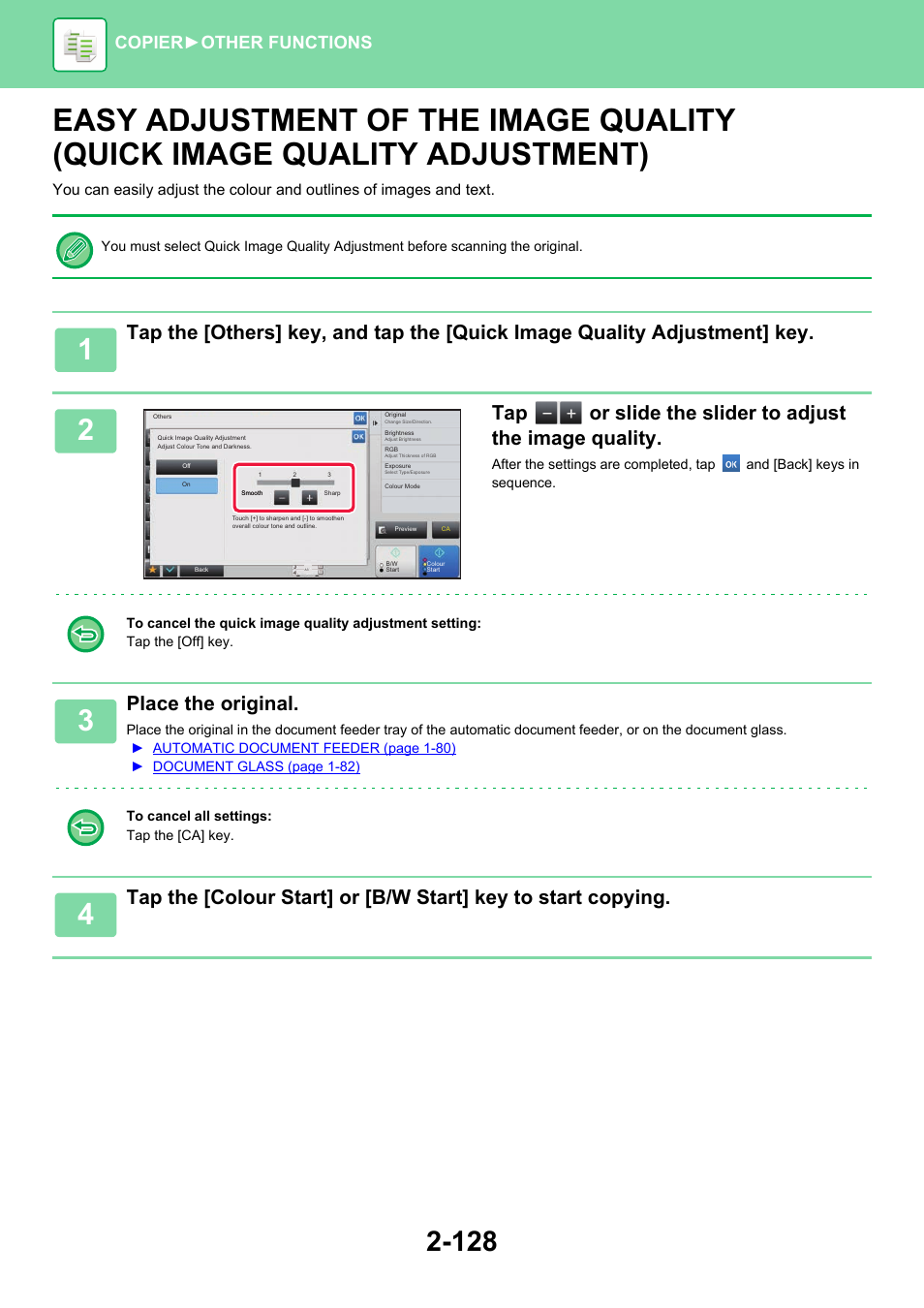 Easy adjustment of the image, Quality (quick image quality adjustment) -128, Place the original | Copier ► other functions | Sharp MX-6070N User Manual | Page 292 / 935