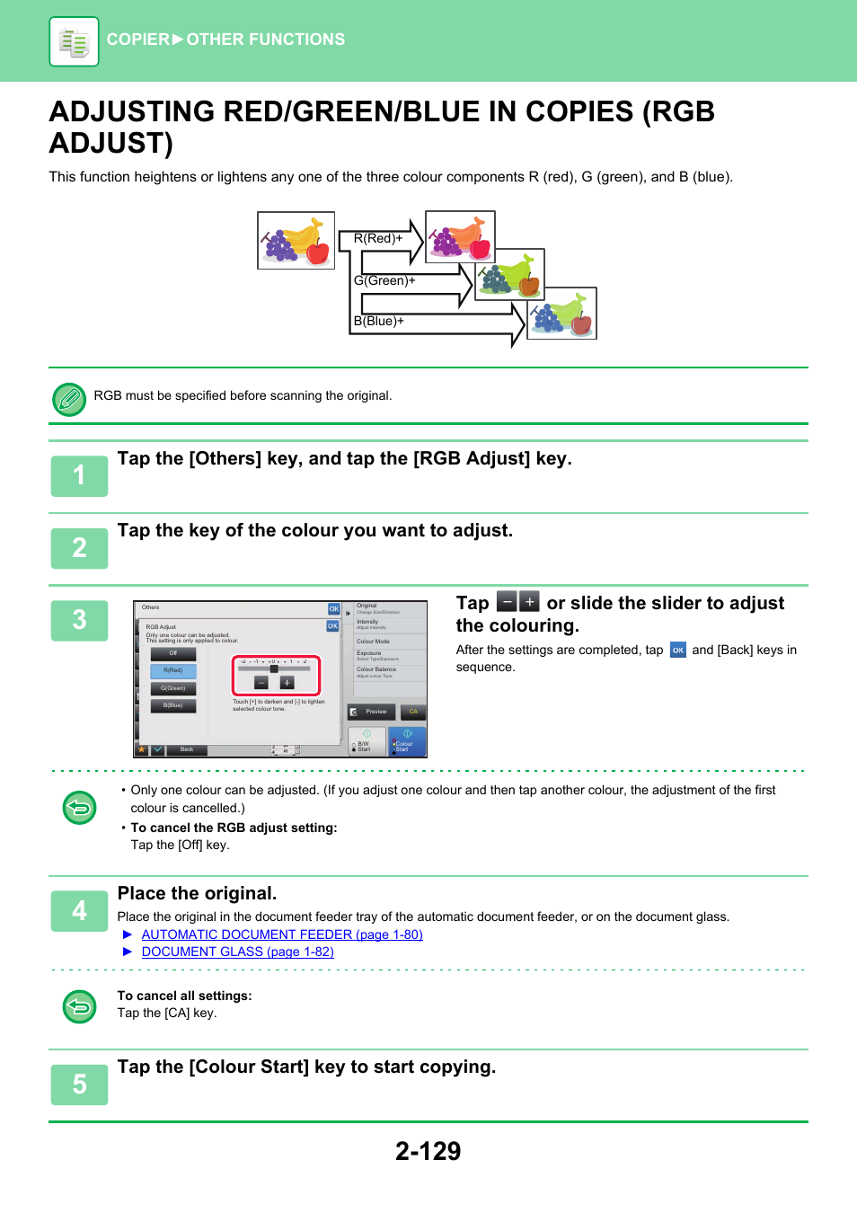 Adjusting red/green/blue in copies, Rgb adjust) -129, Adjusting red/green/blue in copies (rgb adjust) | Tap the [others] key, and tap the [rgb adjust] key, Tap the key of the colour you want to adjust, Tap or slide the slider to adjust the colouring, Place the original, Tap the [colour start] key to start copying, Copier ► other functions | Sharp MX-6070N User Manual | Page 293 / 935