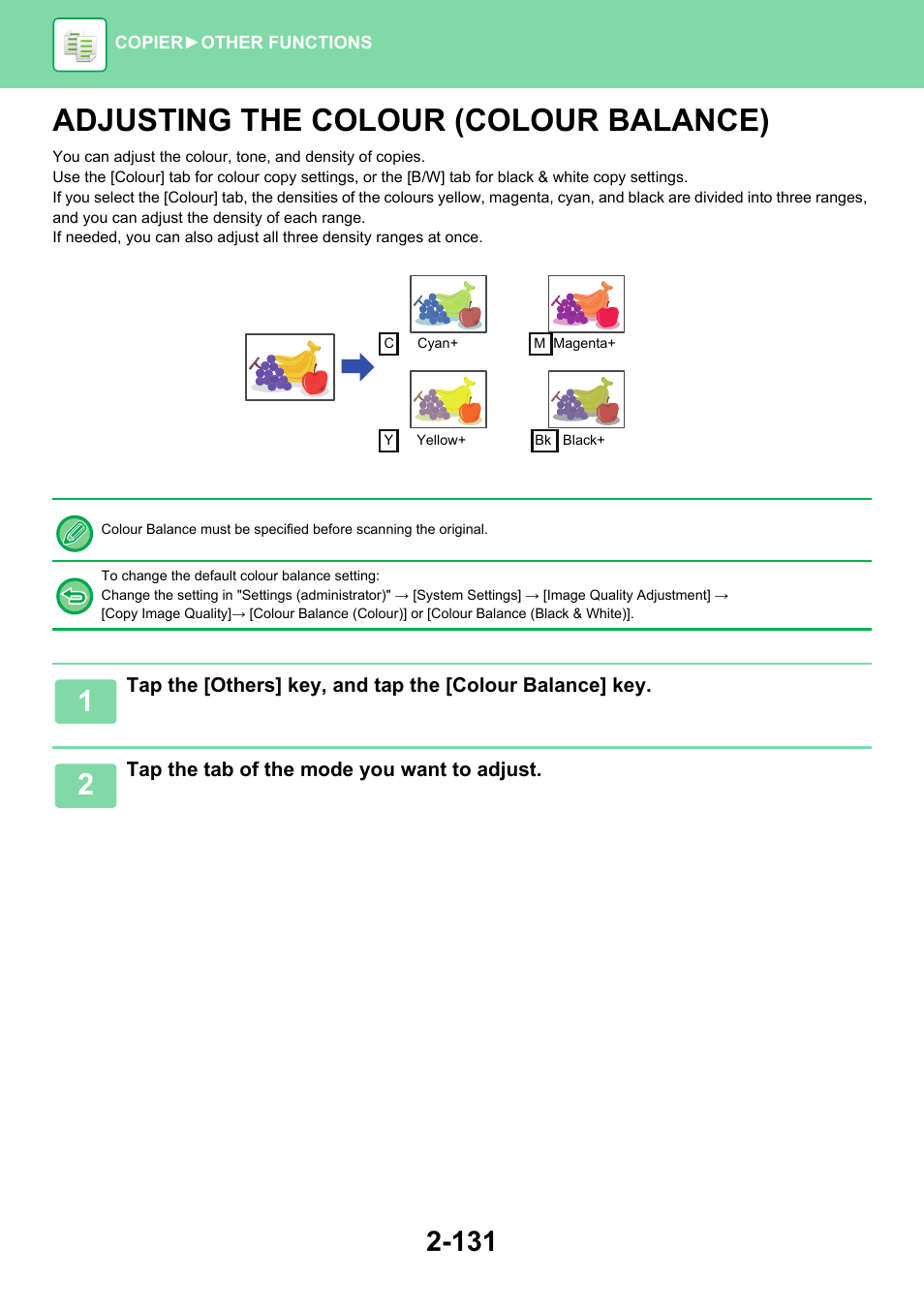 Adjusting the colour (colour balance) -131, Adjusting the colour (colour balance) | Sharp MX-6070N User Manual | Page 295 / 935