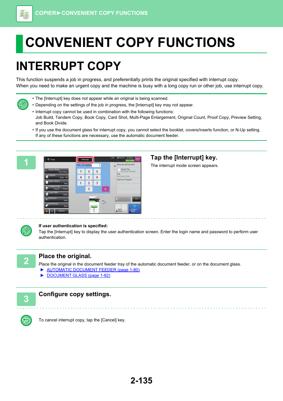 Convenient copy functions, Interrupt copy -135, Interrupt copy | Tap the [interrupt] key, Place the original, Configure copy settings, Copier ► convenient copy functions | Sharp MX-6070N User Manual | Page 299 / 935