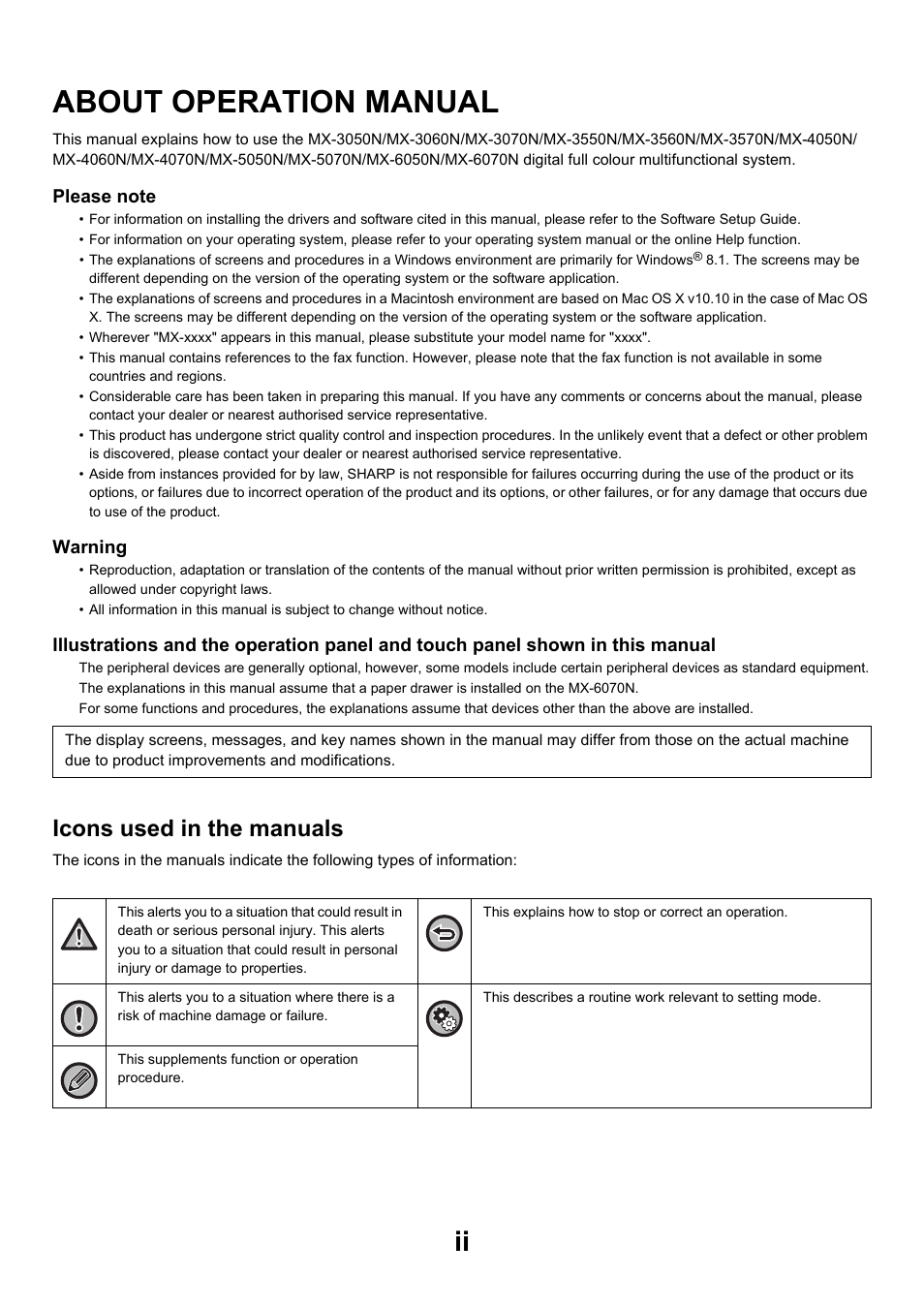 About operation manual, Icons used in the manuals | Sharp MX-6070N User Manual | Page 3 / 935