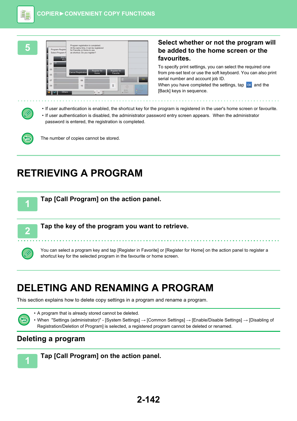 Retrieving a program -142, Deleting and renaming a program -142, Deleting a program | Tap [call program] on the action panel, Tap the key of the program you want to retrieve, Copier ► convenient copy functions | Sharp MX-6070N User Manual | Page 306 / 935