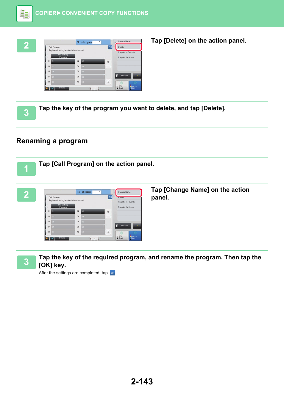 Renaming a program, Tap [delete] on the action panel, Tap [call program] on the action panel | Tap [change name] on the action panel, Copier ► convenient copy functions, After the settings are completed, tap | Sharp MX-6070N User Manual | Page 307 / 935