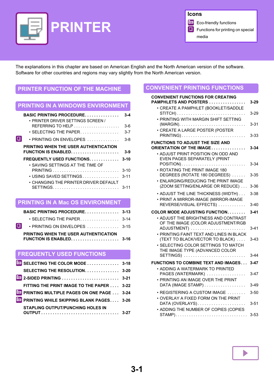 Printer, Using the printer function, Printing in a mac os environment | Frequently used functions, Convenient printing functions, Icons | Sharp MX-6070N User Manual | Page 308 / 935