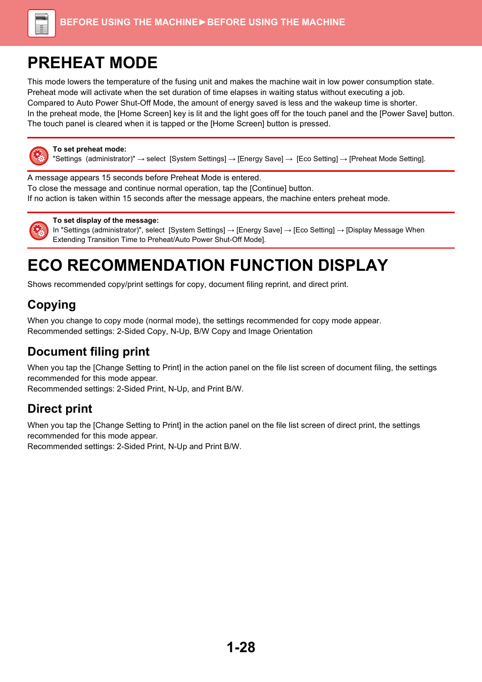 Preheat mode -28, Eco recommendation function, Display -28 | Preheat mode, Eco recommendation function display, Copying, Document filing print, Direct print | Sharp MX-6070N User Manual | Page 31 / 935