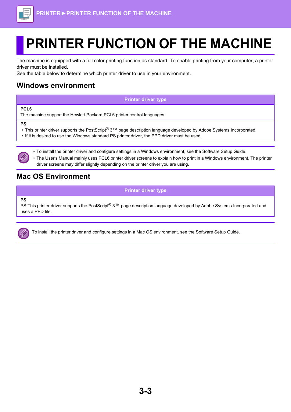 Printer function of the machine, Windows environment mac os environment | Sharp MX-6070N User Manual | Page 310 / 935