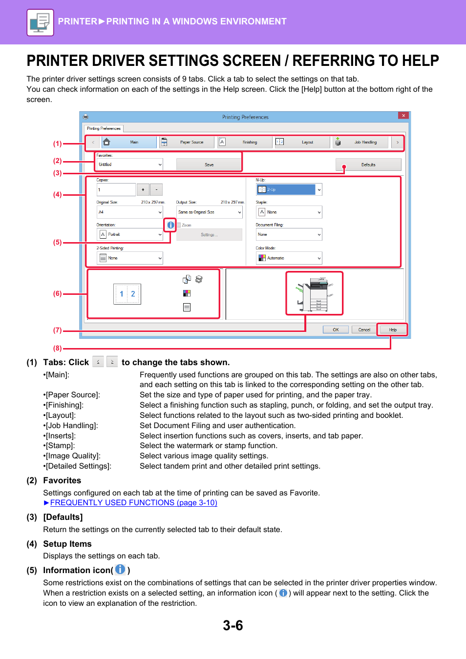 Printer driver settings screen, Referring to help, Printer driver settings screen / referring to help | Sharp MX-6070N User Manual | Page 313 / 935